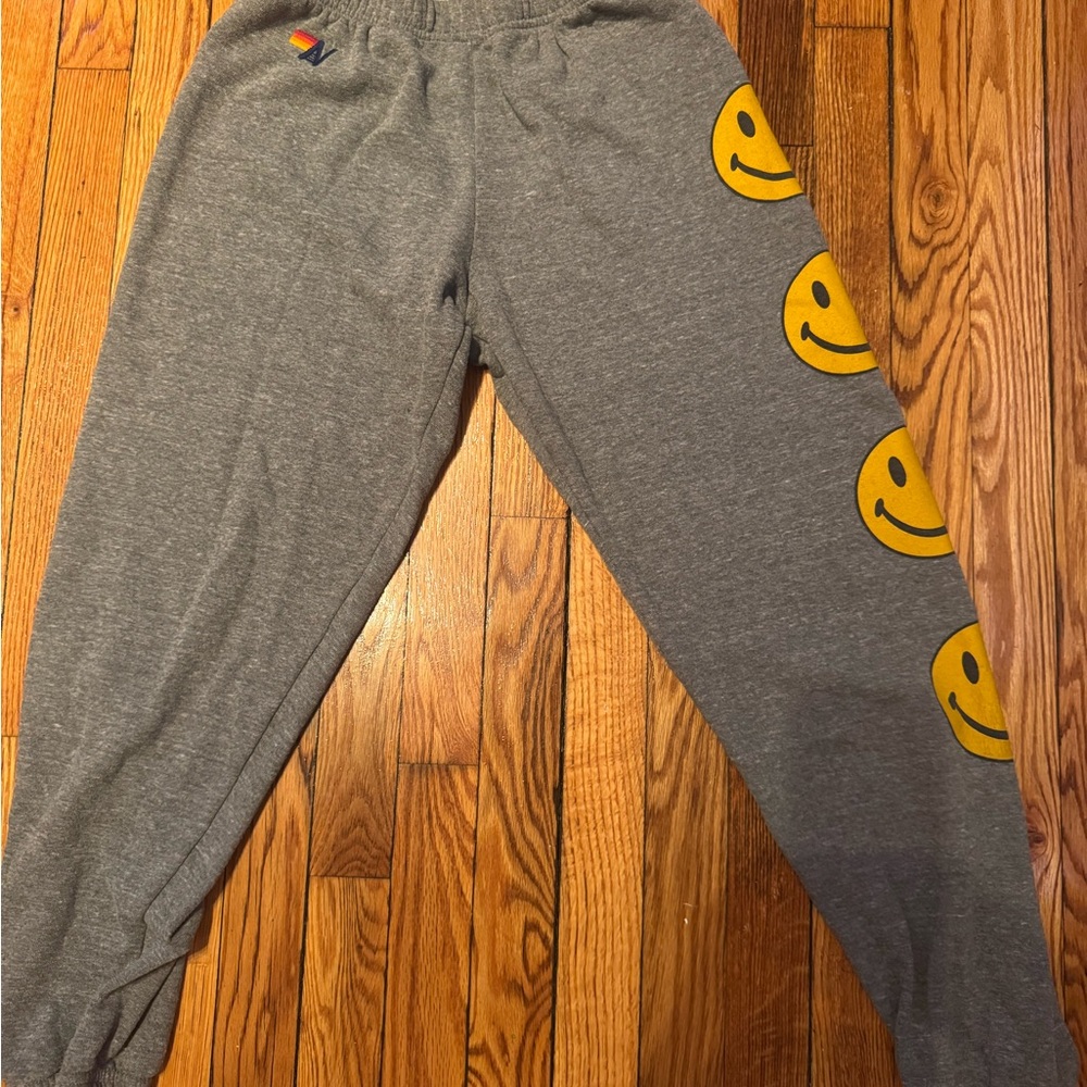 Aviator Nation Grey Sweatpants with Yellow Smiley Faces